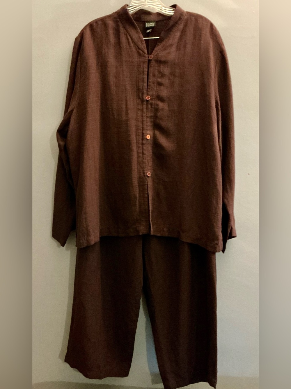 Eileen Fisher XL Linen Blend Plum 2 Piece Pant Set Jacket Top Wide Leg Lagenlook